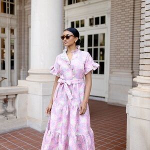 Abbey Glass Floral Print Sadie Ruffle Short Sleeve Tie Waist Pocketed Midi